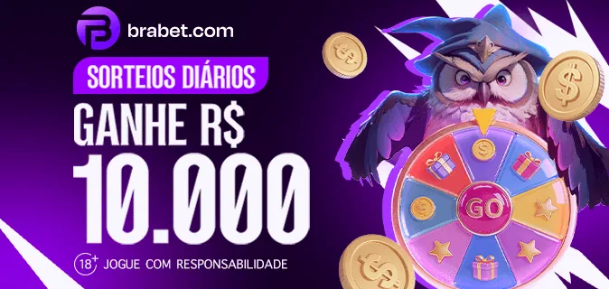 Banner da Brabet: sorteios diários, ganhe R$ 10.000, com uma coruja e uma roda colorida
