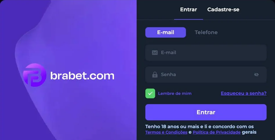 Tela de login da Brabet com as abas Entrar e de cadastro, opções E-mail e Telefone, senha, Lembre de mim e Esqueceu a senha